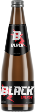 Front butelki Black Energy Original Classic 800 ml, brązowe szkło, czarna etykieta z białym logo, widok z przodu.