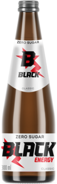 Black Energy Zero Sugar, brązowy napój energetyzujący w szklanej butelce, biała etykieta z czerwonym logo, widok z przodu.