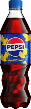 Butelka Pepsi Twist z ciemnoczerwonym napojem cytrynowym, niebieska etykieta z logo i żółtymi plastrami cytryny, z przodu.