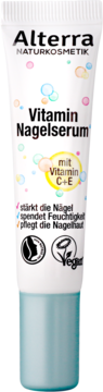 Biała tubka Alterra Vitamin Nagelserum z kolorowymi bąbelkami i niebieskim korkiem, przód. Wzmocnienie paznokci, wit. C+E.