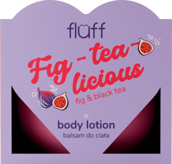 Fluff Fig-tea-licious balsam do ciała, fioletowe sercowate opakowanie z figą i herbatą, widok z przodu.