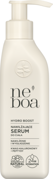 Biała butelka serum do ciała Neboa Hydro Boost z pompką, kwas hialuronowy i peptydy, widok z przodu.