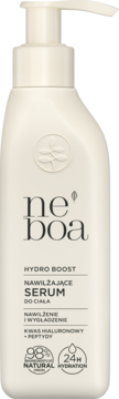 Biała butelka serum do ciała Neboa Hydro Boost z pompką, kwas hialuronowy i peptydy, widok z przodu.