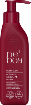 Bordowe serum Neboa Nutri Glow rozświetlające z awokado, 98% naturalne, w butelce z pompką, widok z przodu.