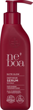 Bordowe serum Neboa Nutri Glow rozświetlające z awokado, 98% naturalne, w butelce z pompką, widok z przodu.