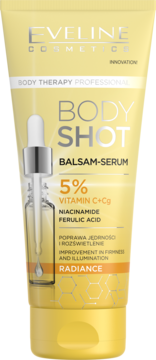Żółta tubka Eveline Body Shot Balsam-Serum do ciała z witaminą C, niacynamidem, kwasem ferulowym, przód.