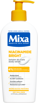 Mixa Niacinamide Bright body lotion, biała butelka z żółtą pompką, do suchej, matowej skóry, frontalne ujęcie.