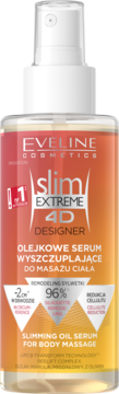 Eveline Slim Extreme 4D Designer olejkowe serum wyszczuplające do masażu ciała, pomarańczowa butelka z białą pompką.