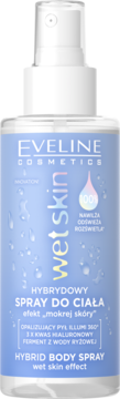 Eveline Wet Skin Hybrid Body Spray, niebieska butelka z rozpylaczem, z efektem mokrej skóry, widok z przodu.
