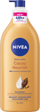 NIVEA Body Lotion Cocoa Nourish, 48h+ Moisture for dry skin, brown bottle with blue pump, front view.