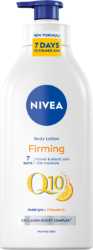 Biały balsam NIVEA Q10 Firming z witaminą C w butelce z niebieską pompką, widok z przodu, widoczny napis '7 dni'.