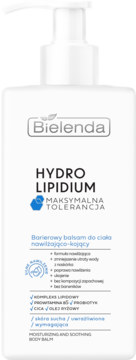 Bielenda Hydro Lipidum, biały balsam nawilżająco-kojący do ciała z pompką, dla skóry suchej, widok z przodu.