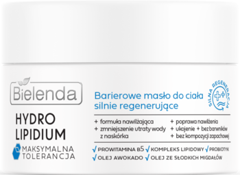 Bielenda Hydro Lipidium, barierowe masło do ciała, silnie regenerujące, w białym słoiku, widok z przodu.