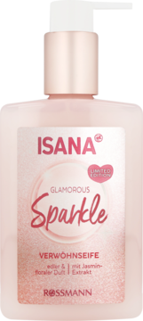 Isana Glamorous Sparkle, różowe mydło w płynie z jaśminem, w butelce z pompką, edycja limitowana, widok z przodu.