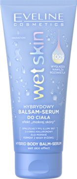 Eveline Wet Skin hybrydowy balsam-serum w jasnoniebieskiej tubce, nawilża, wygładza, rozświetla, efekt mokrej skóry.
