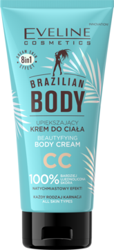 Eveline Brazilian Body CC krem do ciała w turkusowej tubie z palmami i sylwetką kobiety, widok z przodu.