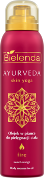 Bielenda Ayurveda Skin Yoga Fire olejek w piance do ciała, czerwono-złota butelka, przód, słodka pomarańcza.