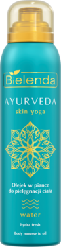Bielenda Ayurveda Skin Yoga Water, olejek w piance do ciała, turkusowa butelka ze złotą mandalą, widok z przodu.