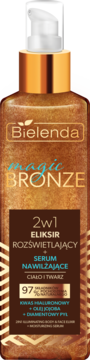 Bielenda Magic Bronze 2w1 eliksir rozświetlający i serum nawilżające, brązowa butelka z pompką, widok z przodu.