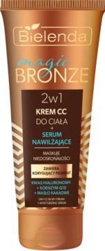 Bielenda Magic Bronze 2w1 CC krem do ciała + serum w złotej tubie. Widoczny przód opakowania, składniki: kwas hialuronowy.