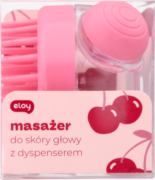 Różowy masażer do skóry głowy Eloy z dyspenserem, w przezroczystym pudełku z wiśniami, widok z przodu.
