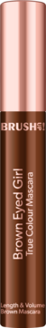 Brown mascara tube BRUSH! Brown Eyed Girl. Cylindrical, dark brown body with shiny rose gold cap, upright.