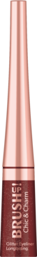 Brązowy brokatowy eyeliner Brush UP! Chic & Charm, długotrwały, w butelce z miedzianą nakrętką, widok przód.