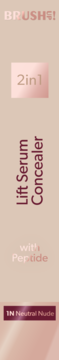 Etykieta korektora-serum Brush UP! Lift 2w1 z peptydem, odcień 1N Neutral Nude, na beżowym tle. Widoczny napis BRUSHES!