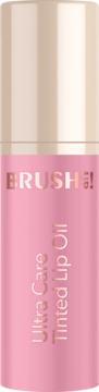 BRUSH! Ultra Care Tinted Lip Oil w różowej, cylindrycznej butelce z beżową zakrętką i złotym napisem. Widok z przodu.
