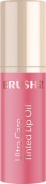 Różowy olejek do ust Brush UP! Ultra Care Tinted Lip Oil, podłużna tubka z beżową nakrętką, widok z przodu.