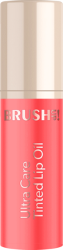 Brush UP! Ultra Care Tinted Lip Oil, koralowy olejek w błyszczącej tubce z beżową zakrętką, widok z przodu.