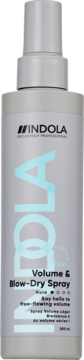 Indola Volume & Blow-Dry Spray, szara butelka 200ml z turkusowym napisem, widok z przodu, lekko utrwalający.