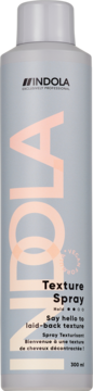 Indola Texture Spray do włosów, 500ml, wegański. Jasnoszara butelka z dużym, brzoskwiniowym napisem INDOLA, widok z przodu.
