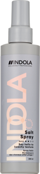Indola Salt Spray, teksturyzujący spray do włosów 200ml, w szarej butelce z pomarańczowym logo, widok z przodu.