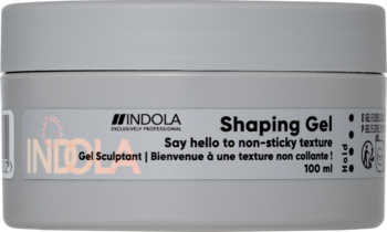 Szary słoik Indola Shaping Gel 100ml z białą etykietą, widok z przodu. Wegański żel do włosów, nieklejąca tekstura.