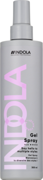 Indola Gel Spray w szarej butelce z różowym logo i pionowym napisem, widok z przodu, 300 ml.