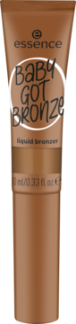Brązowa tubka essence Baby Got Bronze bronzer w płynie 10 ml, widok z przodu, z napisem w białym kółku.