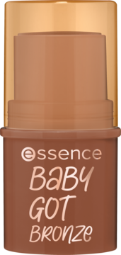Essence Baby Got Bronze, kremowy bronzer w brązowym sztyfcie, z przezroczystą pomarańczową nakładką, widok z przodu.