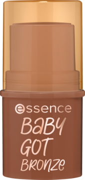 Essence Baby Got Bronze, kremowy bronzer w brązowym sztyfcie, z przezroczystą pomarańczową nakładką, widok z przodu.