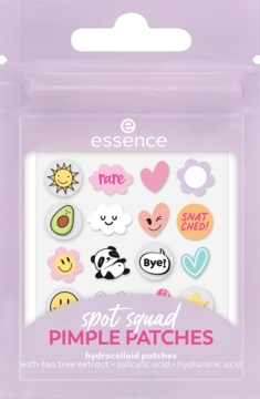 Essence Spot Squad Pimple Patches, 32 hydrokoloidowe plasterki o kolorowych wzorach. Widok z przodu opakowania.