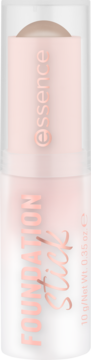 Matujący podkład Essence Foundation Stick w beżowym odcieniu, widok z przodu, z różowym logo i napisem.