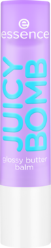 Essence Juicy Bomb glossy butter balm w liliowej tubce z białym spodem, widok z przodu. Błękitny napis JUICY BOMB.