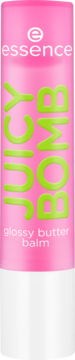 Essence Juicy Bomb Glossy Butter Balm, różowo-biała tubka, widok z przodu, z zielonymi napisami.
