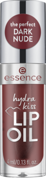 Essence Hydra Kiss Lip Oil Dark Nude w smukłej butelce, brązowo-czerwony odcień, srebrna nakrętka, widok z przodu.