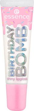 Essence Birthday Bomb Shiny Lipgloss, biała tubka z różowym spodem, kolorowymi posypkami, widok przód.