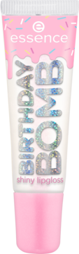 Essence Birthday Bomb Shiny Lipgloss, biała tubka z różowym spodem, kolorowymi posypkami, widok przód.