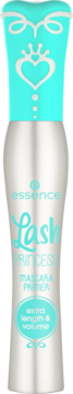 Srebrna tuba Essence Lash Princess Mascara Primer, turkusowa zakrętka z koroną. Widok z przodu.