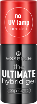 Essence The Ultimate Hybrid Gel Top Coat, czarno-czerwony flakon, "no UV lamp needed", szybko schnie, widok z przodu.