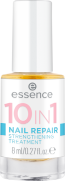 Essence 10 IN 1 NAIL REPAIR Strengthening Treatment, przezroczysta butelka z białym korkiem i żółtą esencją, widok z przodu.