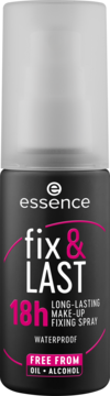 Essence Fix & Last 18h utrwalający spray do makijażu, czarna butelka, srebrna góra, różowe detale.